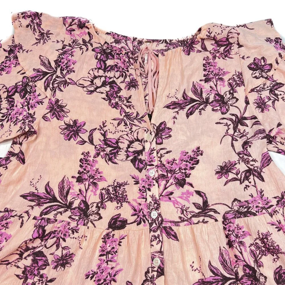 Free‎ People Sunbaked Swing Dress in Petal Pink Floral Crepe Ruffled Sz L - NWOT